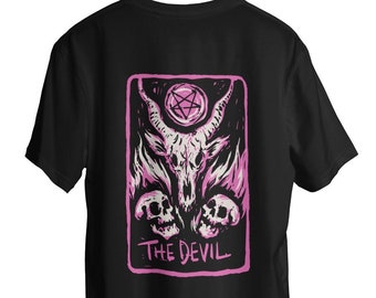 Tarot T-Shirt mit Back Print - Pastel Goth Dress - Tarotkarten The Devil Harajuku Outfit - Oversize Shirt aus nachhaltiger Baumwolle