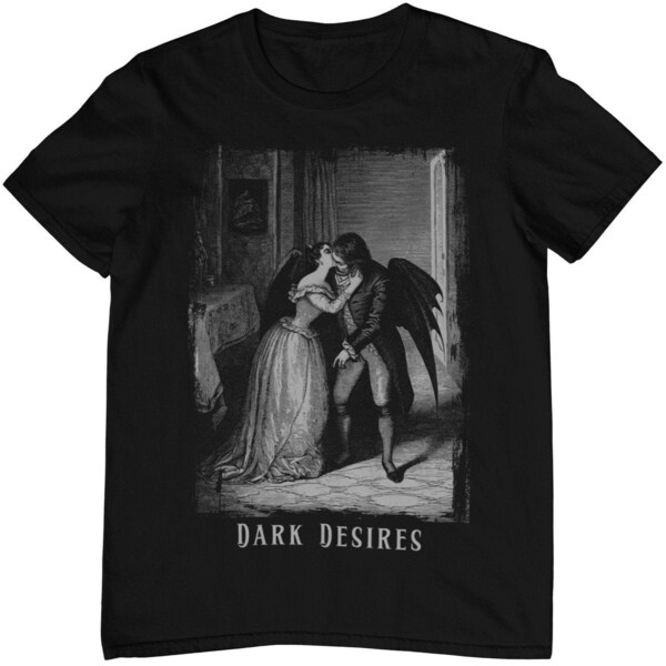 Dark Desires Vampir T-Shirt - Victorian Romantic Gothic Kunst - Goth Streetwear Outfit aus 100% nachhaltiger Baumwolle