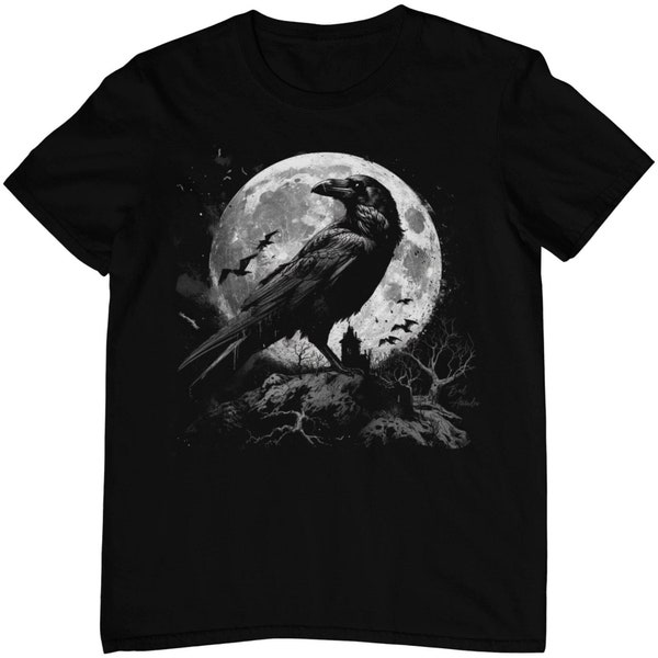 Gothic Rabe Vollmond T-Shirt - Grunge Aesthetic Dark Art - Ravencore - Pagan Goth Krähe bei Mond - Fantasy Witchcraft