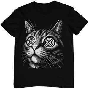 Psychedelic Cat T-Shirt - Trippy Katze - Hypnose Augen Lustig - Techno Trip House Musik - Festival Rave - Schwarz Baumwolle Unisex-Shirt