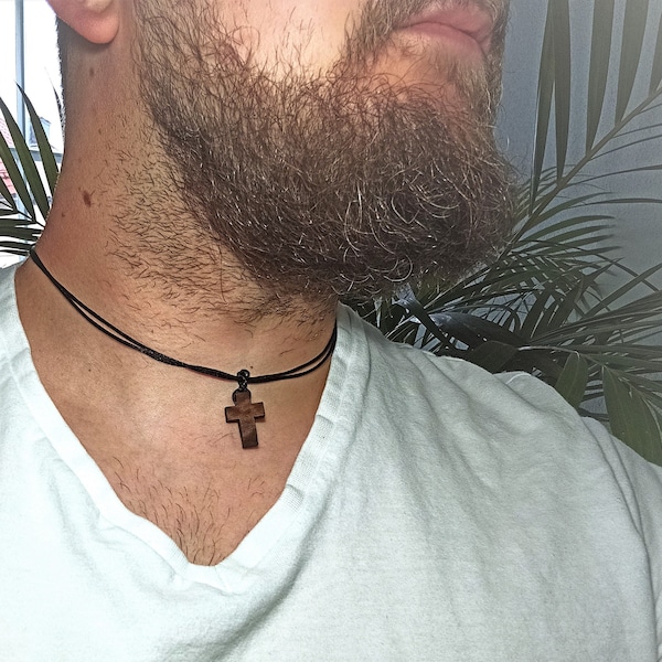 Wooden cross necklace with satin nylon cord, prayer beads, necklace for men, women's necklace, baptism communion confirmation gift,
