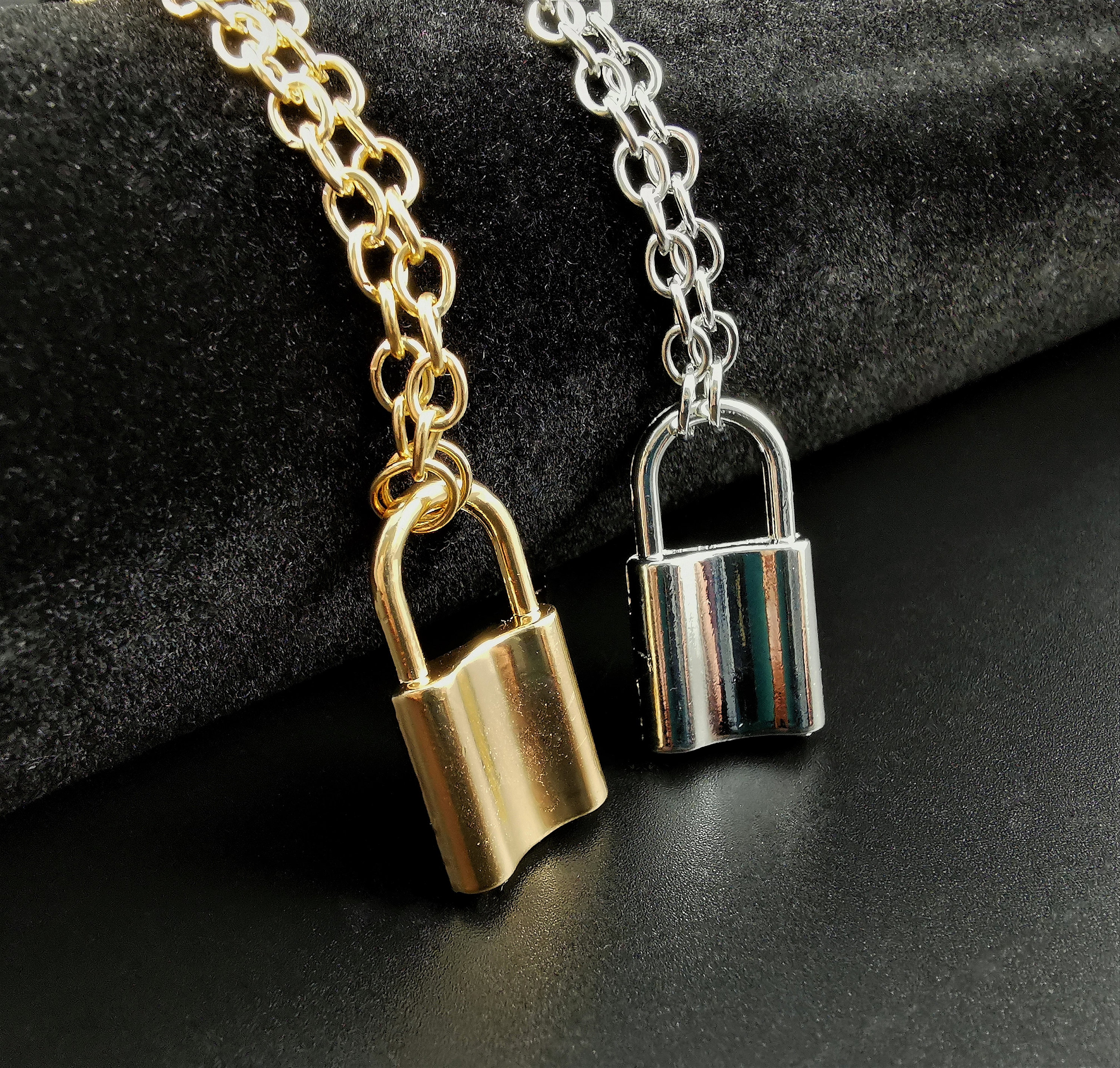 Padlock Necklace Lock Chain for Men Women Personality punk hip hop fashion  lock double thick chain sweater chain,Silver 