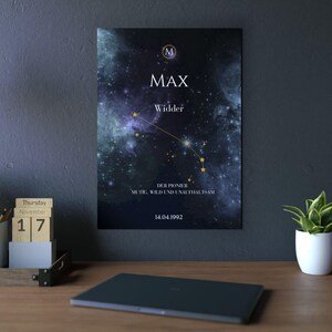 Tableau personnalisé du signe astrologique Bélier | Texte et nom personnalisés | Date de naissance | Décoration murale astrologique en aluminium Dibond doré | Idée cadeau