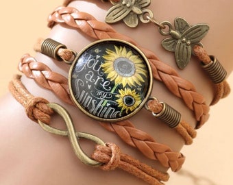 Boho Leather Bracelet: Sunflower & Butterfly Charm