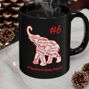 Kundenspezifische Elefanten-Namenslisten-Tasse, schwarze keramische Kaffeetasse, Deltaversary Geschenk