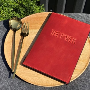 Lederen menumap, lederen menukaart A5, A4, lederen menuomslag, aangepaste menuomslag, menuhouder, menumap restaurant, gastenboek