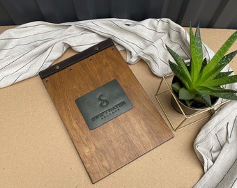 Menümappe aus Holz mit Lederbindung, Menühalter, Restaurant Menümappe, Menütafel, Menübuch, Menühülle aus Leder, Menühalter aus Leder