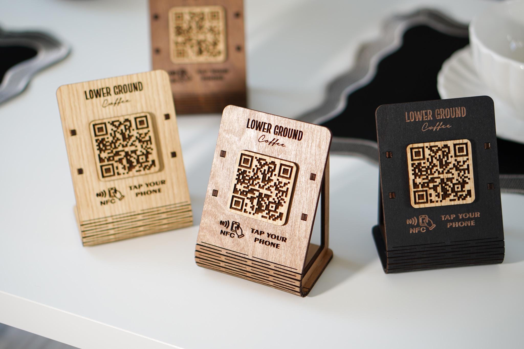 Custom NFC QR Code Plywood Stand: Engraved Logo, Tap to Connect - Etsy