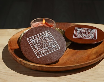 Scan to view QR Menu coaster with Logo,  Wooden table menu, Restaurant menu, Leather menu sign with QR code, QR Menu Holder,