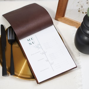 Elegancki folder menu z drewna jesionowego/sklejki i skóry na arkusze A5 i US Half Letter