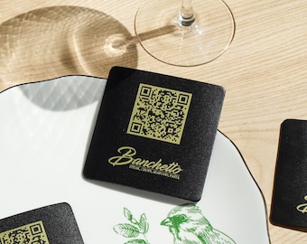 Leather menu sign with QR code, QR Menu Holder, Scan to view menu, Personalised QR Menu Stand with Logo,  Wooden table menu, Restaurant menu