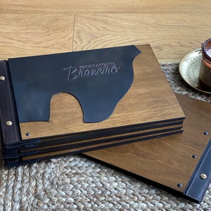 Dossier de menu en bois avec cuir, porte-menu, dossier de menu de restaurant, tableau de menu, livre de menu, couverture de menu personnalisé, porte-menu en cuir