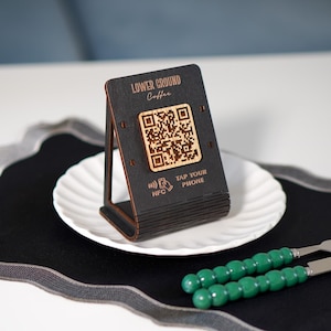 Custom NFC QR Code Plywood Stand: Engraved Logo, Tap to Connect - Etsy