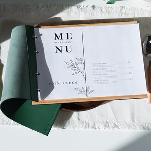 Menu US Letter, Elegancka teczka na menu z drewna jesionowego i skóry z oprawą pierścieniową