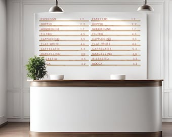 May include: A white sign with a wooden frame lists coffee drinks and their prices in red text. The sign is mounted on a white wall above a wooden counter.