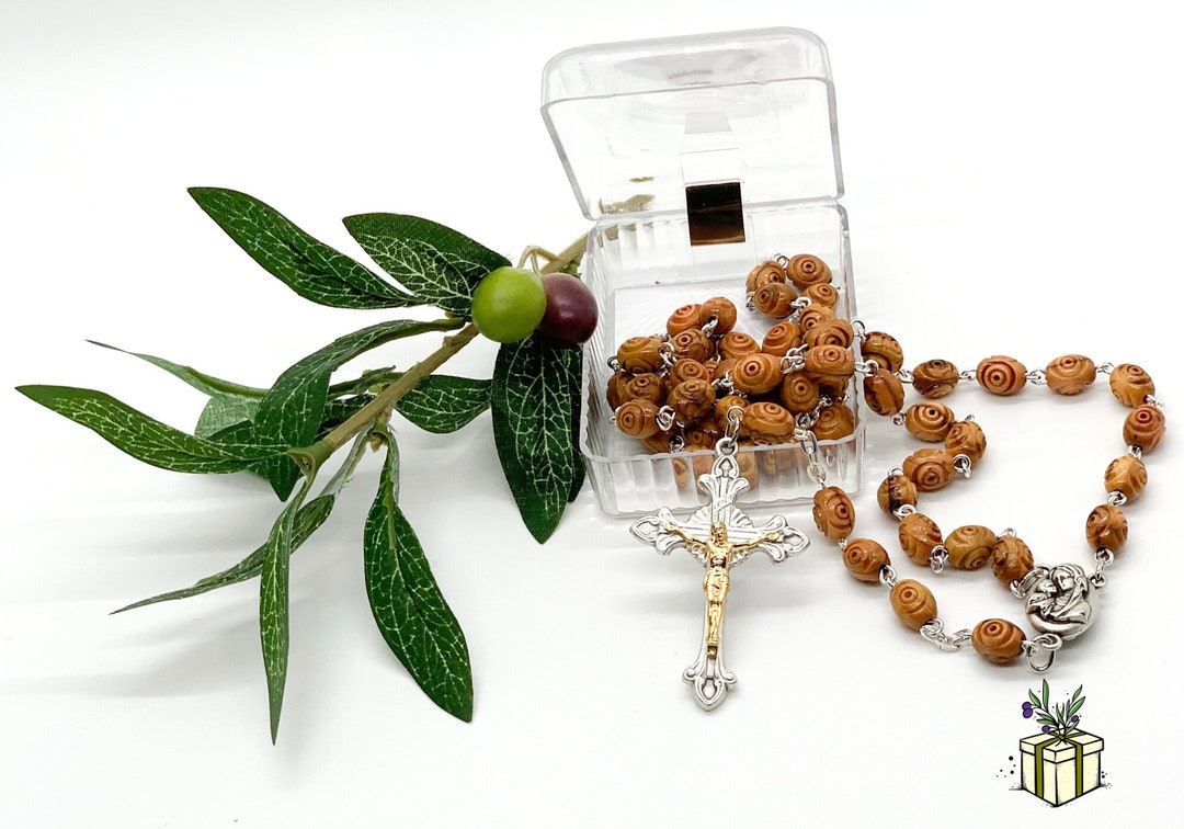 Olive Wood Carved Beads Rosary With Holy Soil - Holy Land Rosaries From ...