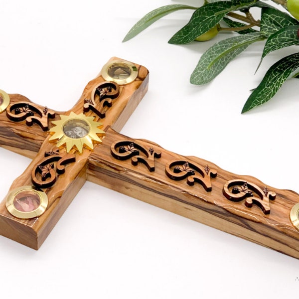 Olive Wood Floral Wall Cross (With Star of Bethlehem) - Holy Land Crosses from Bethlehem Box