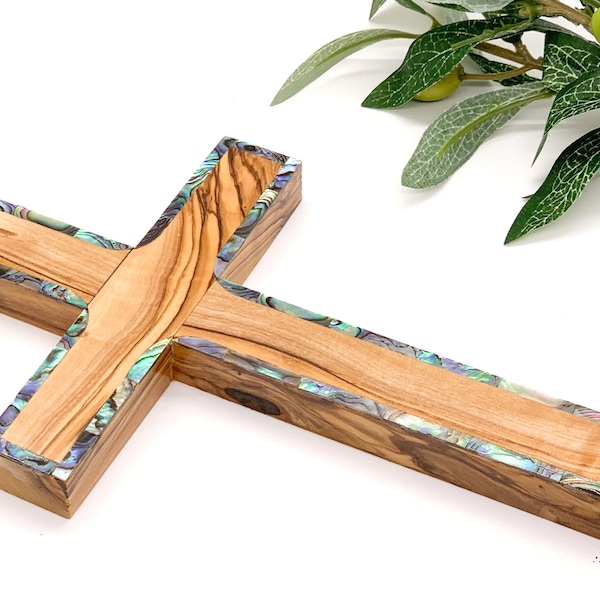 Olive Wood Wall Cross with Mother of Pearl Borders - Holy Land Crosses from Bethlehem Box