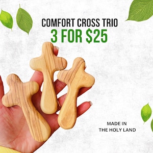 Holy Land Comfort Cross Trio – Set of 3 Handheld Olive Wood Palm Prayer Crosses