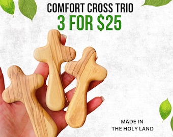 Holy Land Comfort Cross Trio – zestaw 3 ręcznych krzyży modlitewnych z drewna oliwnego
