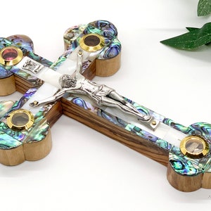 Holy Land Olive Wood Crucifix (Fully covered with Mother of Pearl) | Wall Cross from Bethlehem Box