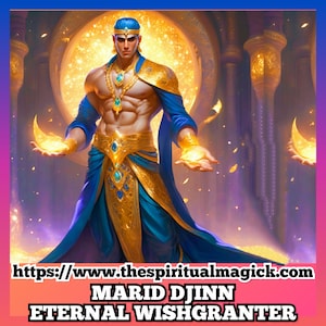 May include: A muscular, blue-clad figure with a golden crown stands against a backdrop of swirling gold and purple. He holds two glowing crescent moons in his outstretched hands. The text "MARID DJINN ETERNAL WISHGRANTERS" appears at the bottom of the image.