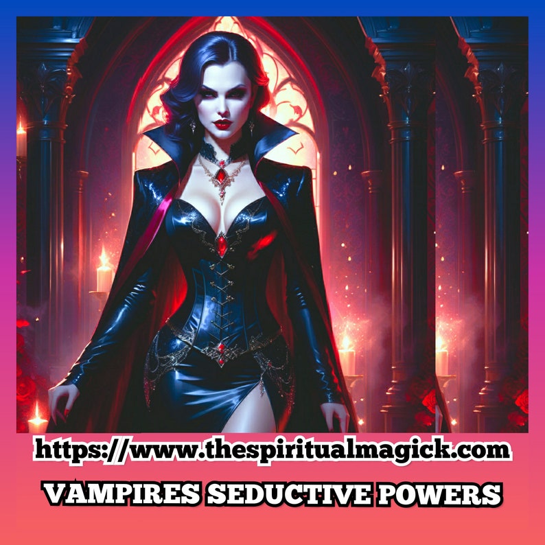 May include: A woman dressed as a vampire stands in a dark, gothic setting. She wears a black corset, a red cape, and a necklace with a ruby pendant. The text "Vampires Seductive Powers" and a website address are visible at the bottom of the image.