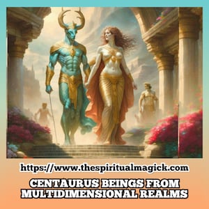 Può includere: Un centauro blu con le corna e una donna in un abito dorato camminano attraverso un arco di pietra con colonne. La donna ha lunghi capelli rossi e indossa una collana e braccialetti d'oro. Il centauro tiene un bastone. Lo sfondo è un giardino lussureggiante con fiori e alberi.