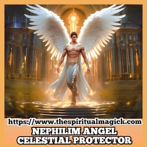 May include: A white-winged angel with a golden halo stands in a golden palace. The angel is wearing a white robe and has a muscular physique. The text "NEPHILIM ANGEL CELESTIAL PROTECTOR" is at the bottom of the image.