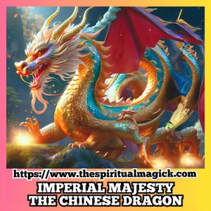 Può includere: Un drago cinese dorato con squame blu e verdi, ali rosse e una barba bianca. Il drago è arrotolato su una roccia con una luce incandescente che emana dalle sue zampe. Il testo "IMPERIAL MAJESTY THE CHINESE DRAGON" è sotto l'immagine.