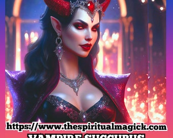 Puede incluir: Ilustración digital de una reina súcubo vampiro con ojos rojos, cuernos y una corona enjoyada. Viste un atuendo negro y morado con un collar y pendientes plateados. La imagen incluye el texto "VAMPIRE SUCCUBUS QUEEN OF LUST".