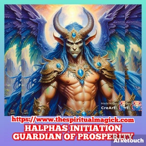 May include: A digital illustration of a blue-skinned, horned, and winged figure with a golden crown and armor. The figure is standing with its wings spread wide. The text "https://www.thespiritualmagick.com HALPHAS INITIATION GUARDIAN OF PROSPERITY" is at the bottom of the image.