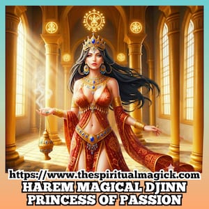 Puede incluir: Ilustración de una mujer con un vestido rojo y dorado, adornada con joyas, de pie en un salón dorado. La imagen incluye el texto "HAREM MAGICAL DJINN PRINCESS OF PASSION". Un quemador de incienso dorado está en primer plano.