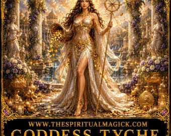 May include: A digital illustration of Goddess Tyche in a gold gown, holding a cornucopia of gold coins and a staff, standing between classical columns. Text reads: WWW.THESPIRITUALMAGICK.COM GODDESS TYCHE DIRECT PORTAL BINDING.