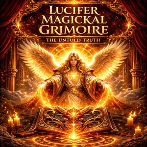 Puede incluir: Ilustración digital de una figura con alas doradas y cabello rubio, irradiando luz. El texto "LUCIFER MAGICKAL GRIMOIRE" y "THE UNTOLD TRUTH" es visible. La imagen es rica en tonos dorados y anaranjados, con velas y detalles ornamentados, creando una atmósfera mística.
