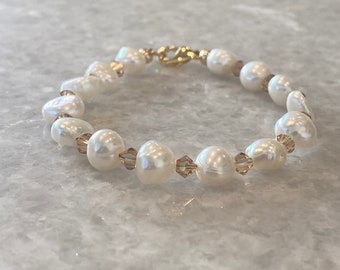 Pearl, Champagne Glass Beads, 14k Gold Plated Bracelet