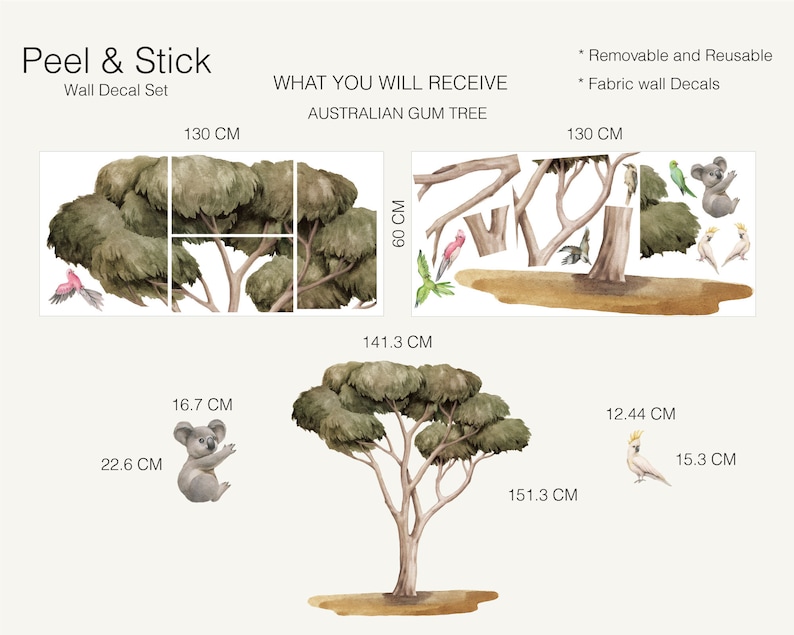 Op de afbeelding: Een set verwijderbare en herbruikbare wanddecoraties van stof met een Australische eucalyptusboom, een koala, een kaketoe en vogels. De decoraties zijn 130 cm breed en 60 cm hoog.