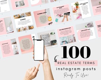 Pink Edition || 100 Real Estate Terms Instagram Posts, Mortgage Broker Instagram Posts, Real Estate Vocabulary Marketing, Real Estate Canva