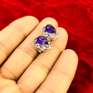 Amethyst 925 Sterling Silver Stud Earring, Pear Cut Stone Earring, Valentines Gift For Her
