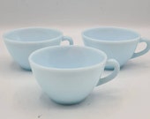 Collectible 3 pc Vintage DURALEX France FRENCH 1960s AZURITE Coffee Tea Cups set, light blue milkglass opaline