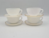 RARE 1960s Vintage French Set of 4 Harlequin Arlequin Opalescent Glass White Tea Coffee Cups and Saucers