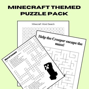 Könnte beinhalten: Ein Minecraft-Puzzle-Paket mit einem Wortsuchrätsel, einem Kreuzworträtsel und einem Labyrinth. Das Kreuzworträtsel enthält Hinweise zum Spiel. Das Labyrinth zeigt einen Creeper-Charakter. Helles grüner Hintergrund, schwarzer Text.