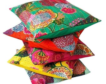 Assorted Color 2 Pcs Set Of Vintage Cotton Kantha Pillow Cover Paisley Print Cotton Kantha Cushion Cover Decorative Pillow Cover