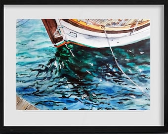 Fishing Boat Watercolor Painting, Seascape Art, 7.5x11"