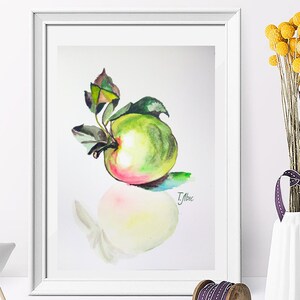 Acquerello originale Juicy green apple 8,2x5,8 in. disegno dipinto botanico. Frutto luminoso dell'opera d'arte