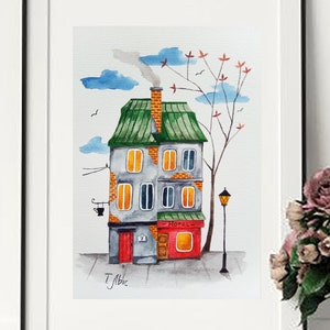 Aquarelle, dessin, jolie maison confortable dans le Michigan, décoration murale de 15 x 20 cm, carte postale, peinture maison primitive.