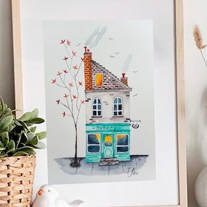 Aquarell Zeichnung Nettes Gemütliches Haus in Oklahoma City 6x8 Zoll Wand Dekor Postkarte Malerei Primitives Haus.