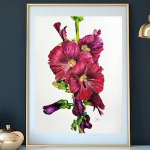 Acquerello originale 11x16 inc. Un ramo di fiori di malva bordeaux. Pittura botanica Pittura acquerello decorazione murale