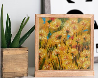 Dandelion Field Oil Painting Spring Blossom Wall Decor for Bedroom Yellow Flowers Small Gift Art Wall Gallery 8x8&#39;&#39;