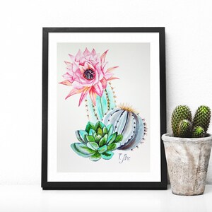Original Aquarell Blühender Kaktus 21x5cm Zeichnung botanische Malerei. Kunstwerk heller Kaktus